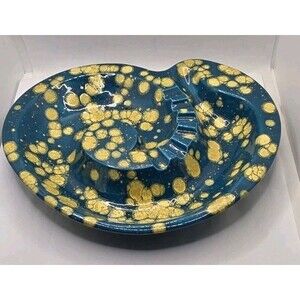 1970s Abstract Ceramic Drip Glaze Ashtray Cobalt Blue Yellow Handmade VTG